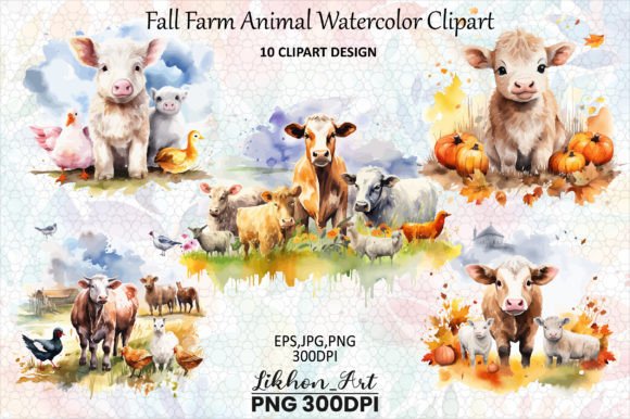 Capturing Autumn's Charm: Fall Farm Animal Watercolor Clipart