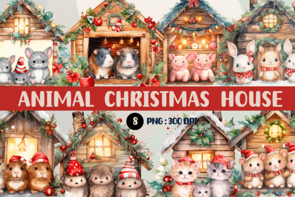 Charming Animal Christmas House Clipart for Festive Projects