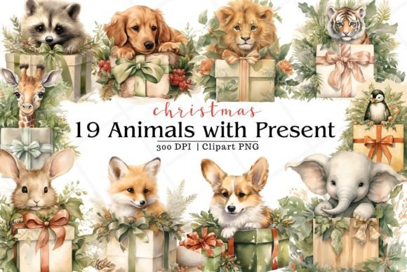Christmas Animal with Present Watercolor: A Festive Asset