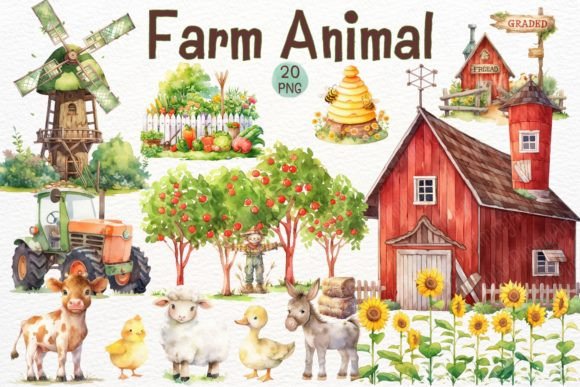 Cute Farm Animal Watercolor Clipart for Creative Projects