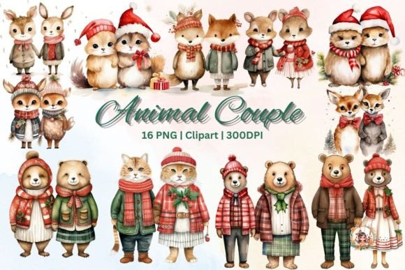 Enchanting Christmas Animal Couple Watercolor Art for Your Projects