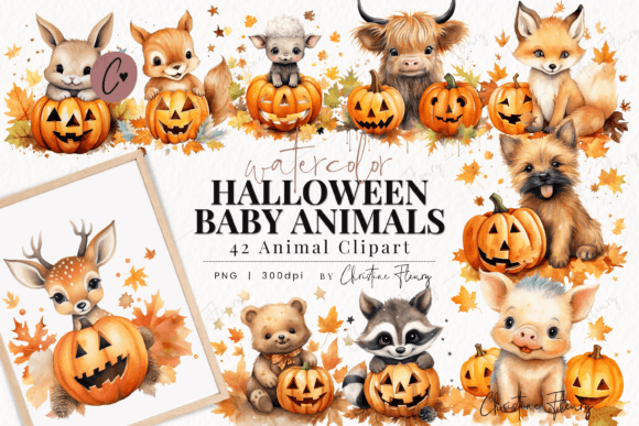 Enchanting Watercolor Halloween Baby Animal Clipart