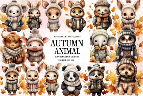 Watercolor Autumn Animal Clipart Bundle: Seasonal Charm for Your Projects